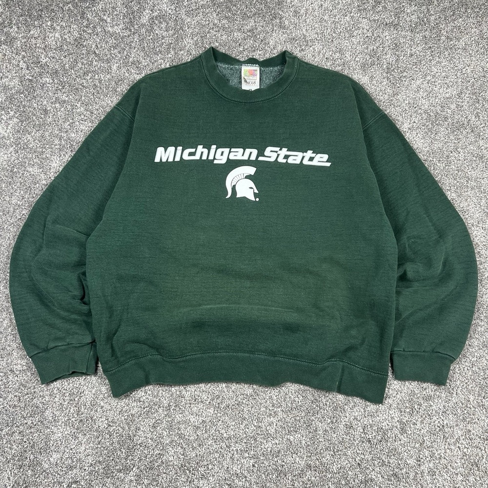 Vintage 90s Michigan State Spartans Crewneck Sweatshirt Heavyweight Faded Green